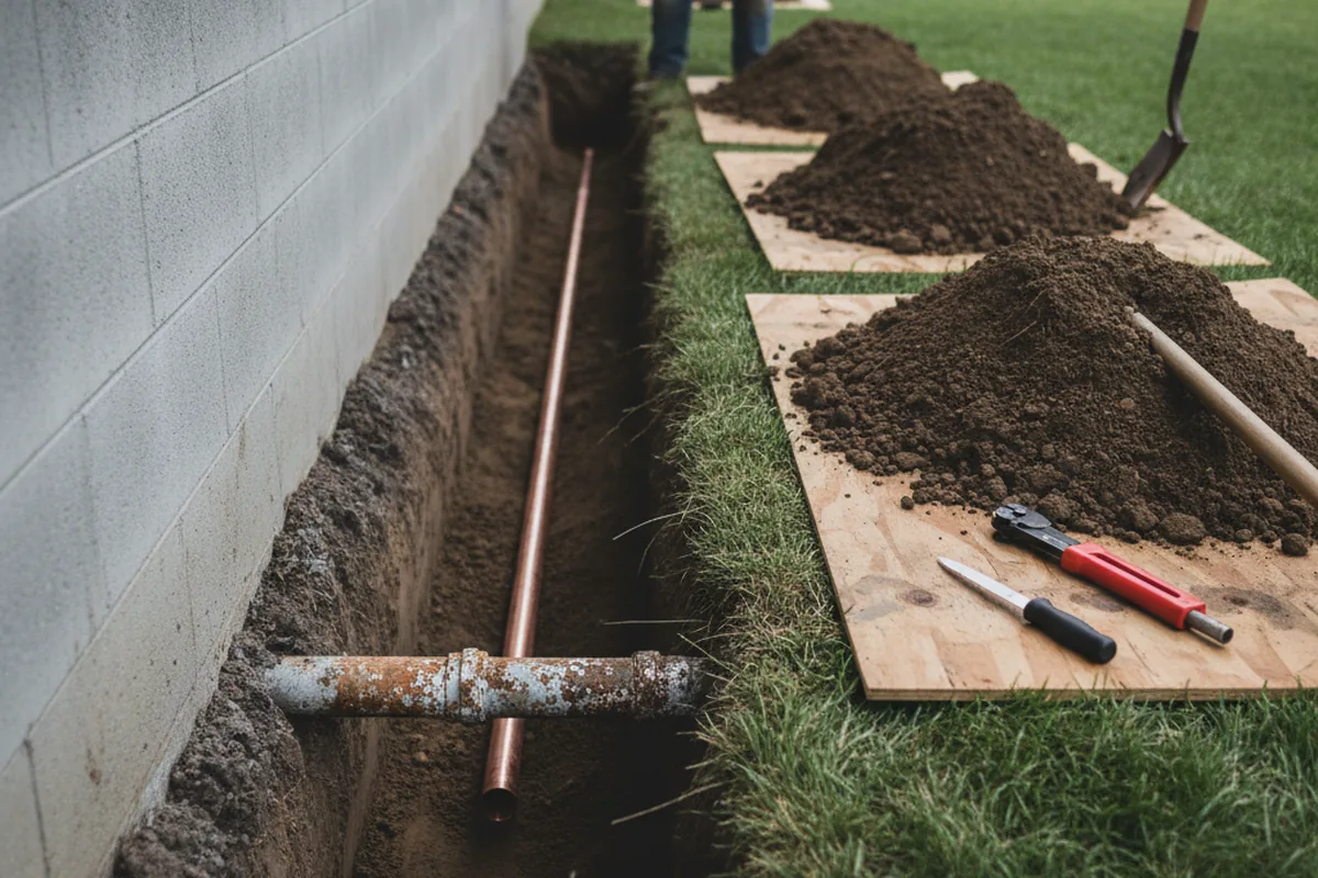 Excavated water line trench during Water Softener Installation in Rogers